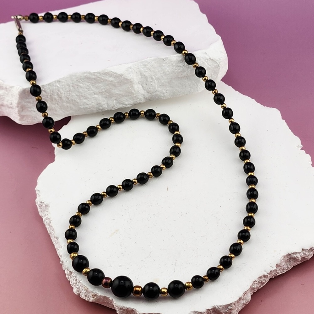Vintage Black Bead Necklace Gold Tone Spacer Beads Long Single Strand 24in
